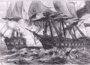 Lucha entre el Chesapeake y el Shannon, ilustración de la Historia de los Estados Unidos de Cassell