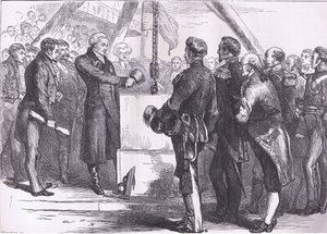 Lafayette colocando la primera piedra del Monumento de Bunker Hill, ilustración de la Historia de los Estados Unidos de Cassell de American English school