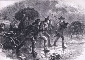 Maniobras nocturnas de los estadounidenses en Boston, ilustración de la Historia de los Estados Unidos de Cassell publicada por Cassell, Petter & Galpin, c.1900 (litografía) de American English school