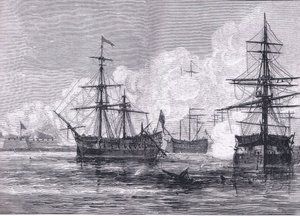 El ataque a la Isla Sullivan, ilustración de la Historia de los Estados Unidos de Cassell publicada por Cassell, Petter & Galpin, c.1900 (litografía) de American English school