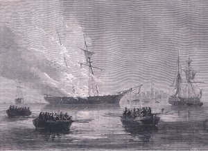 La quema de Gaspe, ilustración de la Historia de los Estados Unidos de Cassell de American English school