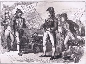 Los oficiales del Chesapeake ofreciendo sus espadas, ilustración de la Historia de los Estados Unidos de Cassell, publicada por Cassell, Petter & Galpin, c.1900 de American English school