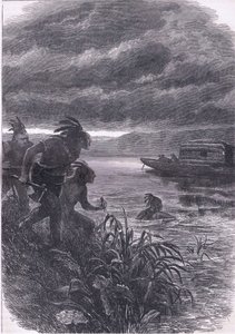 Comerciantes en el Ohio atacados por salvajes, ilustración de la Historia de los Estados Unidos de Cassell de American English school