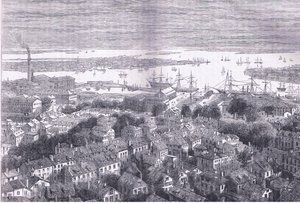 Vista de Boston desde Bunkers Hill, ilustración de la Historia de los Estados Unidos de Cassell publicada por Cassell, Petter & Galpin, c.1900 (litografía) de American English school