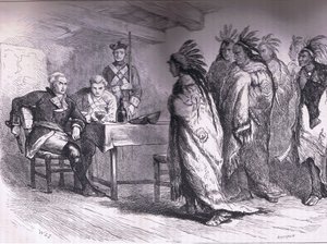 Visita de Pontiac y los indios al Mayor Gladwin 1763, ilustración de la Historia de los Estados Unidos de Cassell publicada por Cassell, Petter & Galpin, c.1900 de American English school