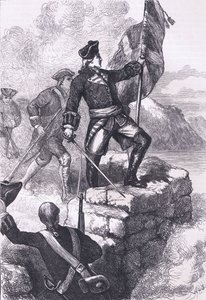 Washington plantando la bandera británica en el Fuerte Duquesne, ilustración de la Historia de los Estados Unidos de Cassell publicada por Cassell, Petter & Galpin, c.1900 (litografía) de American English school