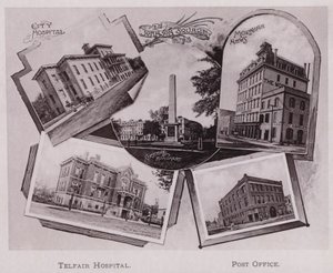 Hospital de la Ciudad; Plaza Johnson; Monumento a Greene; Morning News, Hospital Telfair, Oficina de Correos (foto en blanco y negro)