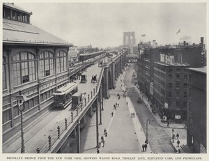 Puente de Brooklyn desde el Lado de Nueva York, mostrando Carretera, Línea de Tranvía, Coches Elevados y Paseo