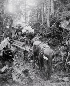 Escalando el Sendero Dyea en camino al Paso Chilkoot durante la Fiebre del Oro de Klondike (1897-98)
