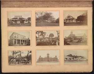 Álbum de Hawái, p. 12, escuelas y otros edificios, incluido el Hospital de la Reina (centro superior), c.1880