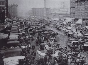 Haymarket Square lleno de carruajes tirados por caballos, Chicago