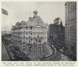 La sombría y gris oficina de correos, en el triángulo formado por Broadway, Park Row y Mail Street, al sur del City Hall Park de American Photographer
