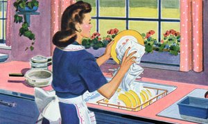 Un ama de casa de los años 40 lava los platos en la cocina de sus sueños de American School