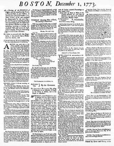 Un periódico detallando los eventos de la Fiesta del Té de Boston, diciembre de 1773