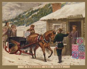 Tienda de troncos canadiense, anuncio de Huntley and Palmer de American School