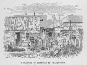 Un grupo de chabolas en Shantytown (litografía) de American School