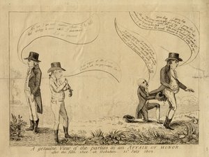 Una vista genuina de las partes en un asunto de honor después del quinto disparo en Hoboken, 31 de julio de 1802 de American School