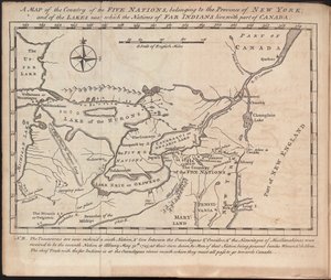 Mapa del país de las Cinco Naciones, perteneciente a la provincia de Nueva York; y de los lagos cerca de los cuales viven las naciones de indios lejanos, con parte de Canadá, por Cadwallader Colden