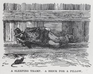 Un vagabundo durmiendo, un ladrillo como almohada (litografía) de American School