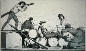Un barco plano transportando carga en el río Misisipi, c.1840 (grabado) de American School