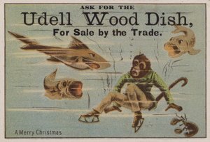Feliz Navidad, tarjeta comercial que anuncia platos de madera Udell de American School
