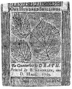Billete de cien chelines impreso por B. Franklin y D. Hall, 1759 de American School