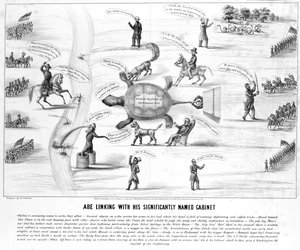 Abe Lincoln con su Gabinete Significativamente Nombrado, publicado por M.E. Godwin en 1864 de American School