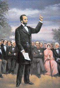 Abraham Lincoln pronunciando el discurso de Gettysburg en Gettysburg, Pensilvania, noviembre de 1863 de American School