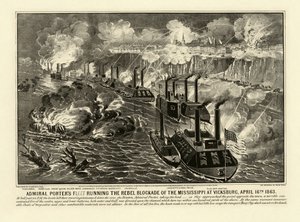 La flota del Almirante Porter rompiendo el bloqueo rebelde del Mississippi en Vicksburg, 16 de abril de 1863, pub. 1863