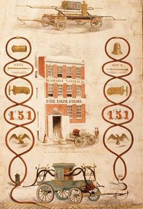 Anuncio de Abraham Vanness, constructor de bombas de incendios y fabricante de equipos de lucha contra incendios, pub. por Geo. G. Gratacap, Nueva York, c.1850 de American School