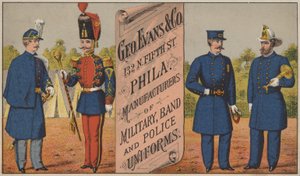 Anuncio de George Evans & Co, fabricantes de uniformes militares, de banda y de policía, 132 N Fifth Street, Filadelfia