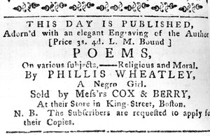Anuncio del primer Libro de Phillis Wheatley, del Boston Gazette, 7 de febrero de 1774 de American School