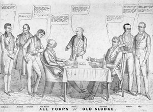 Todos los Cuatros o Viejo Lodo, caricatura política que representa al presidente Martin Van Buren (1782-1862) jugando a las cartas contra William Henry Harrison (1773-1841) entre otros estadistas y políticos, 1836 de American School