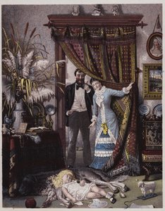 Pareja americana mirando a su hija dormida sobre el perro (litografía en color) de American School