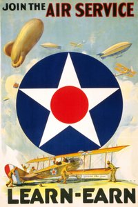 Cartel estadounidense “Únete al Servicio Aéreo Aprende - gana.” editado entre 1917 y 1920 de American School