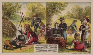 Tarjeta comercial estadounidense que anuncia máquinas de coser y estufas de aceite fabricadas por la Florence Machine Company, Massachusetts, c.1880s de American School