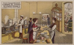 Tarjeta comercial estadounidense que anuncia máquinas de coser y estufas de aceite fabricadas por la Florence Machine Company, Massachusetts, c.1880s de American School