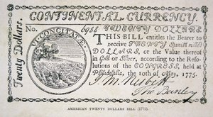 Billete americano de veinte dólares de 1775 de American School