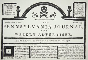Una respuesta americana al Acta del Sello impuesta por los británicos, publicada en The Pennsylvania Journal and Weekly Advertiser el 31 de octubre de 1765 de American School