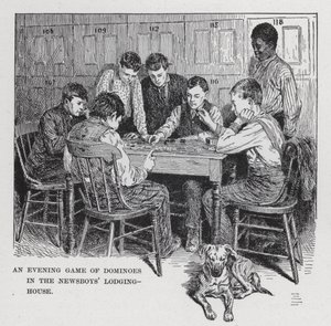 Un juego vespertino de dominó en la casa de alojamiento de los vendedores de periódicos (litografía) de American School