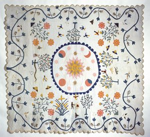 Colcha de apliques con Sol, Luna, Estrellas y el Jardín del Edén, de Arkansas, c.1850-80 de American School