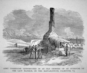 Cocina del ejército construida en una vieja chimenea de una dependencia de la mansión Lacy, en el Rappahannock, Falmouth, Virginia de American School