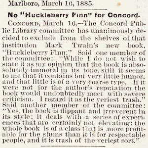 Artículo en el Boston Daily Globe sobre la prohibición de Huckleberry Finn en Concord, Massachusetts, del 16 de marzo de 1885 de American School