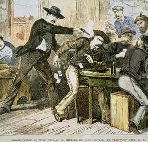 Asesinato de "Wild Bill" (W.B. Hickok) por Jack McCall en Deadwood City, Dakota Terrirory, 2 de agosto de 1876 (litografía en color) de American School