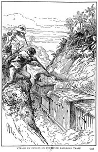 Ataque de los cubanos a un tren ferroviario fortificado, ilustración de La Historia de Cuba por Murat Halstead, publicado en 1898 de American School