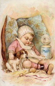 Bebé con cachorro bebiendo de una botella, anuncio de leche preservada de American School