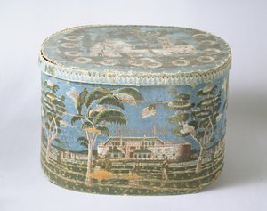 Caja de cartón cubierta con papel impreso en bloque mostrando vista de castillo, c.1835 de American School