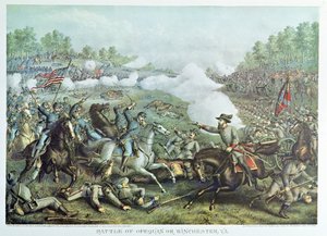 Batalla de Opequan o Winchester, Virginia, grabado por Kurz & Allison