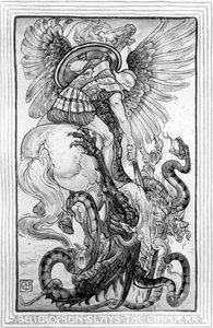 Bellepheron mata a la Quimera, tomada de The Wonder-Book for Girls and Boys escrito por Nathaniel Hawthorne, 1852 de American School