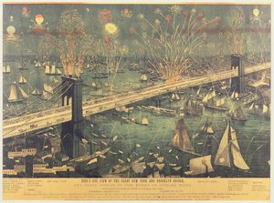 Vista aérea del Gran Puente de Nueva York y Brooklyn y la gran exhibición de fuegos artificiales en la noche de apertura en 1883 de American School